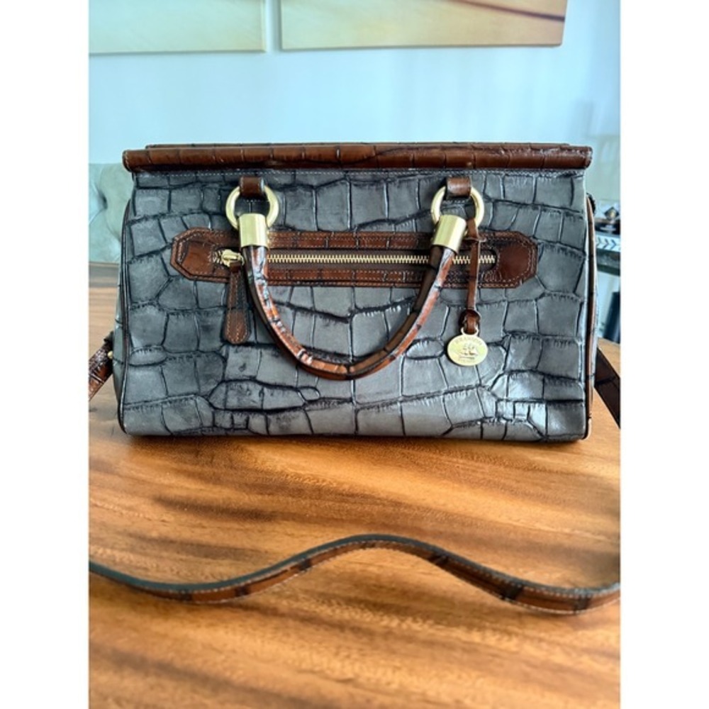Brahmin Nancy Satchel Crocstone Gray Brown Leather Embossed Handbag